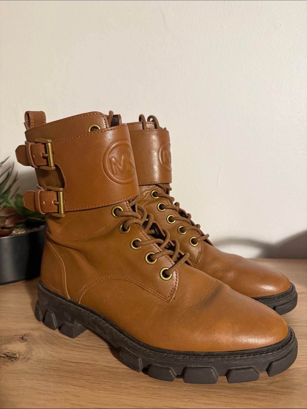 Michael Kors Cognac Leather Lace-Up Buckle Boots gently used